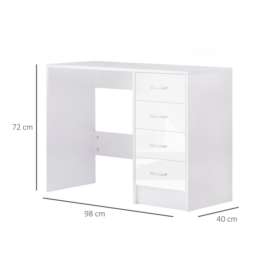 High Gloss 4-Drawer Vanity Desk - White. for Home Office & Study. Spacious Storage & Stylish Design!