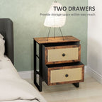 Bedside Table with 2 Rattan Drawers and Steel Legs, Rustic Brown