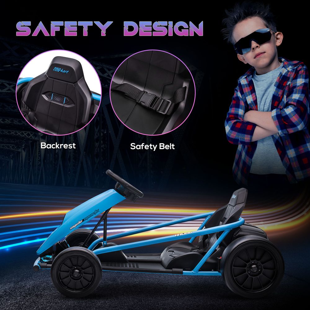 24V Electric Go Kart for Kids, Drifting Ride-On Racing Go Kart with Slow Start, Music, Horn Honking and Safety Belt, for 8-12 Years Old, Blue