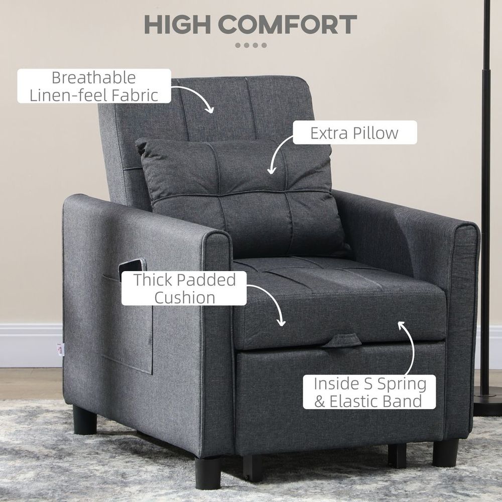 Pull Out Chair Bed, Sleeper Chair with Pillow, Side Pockets, Grey