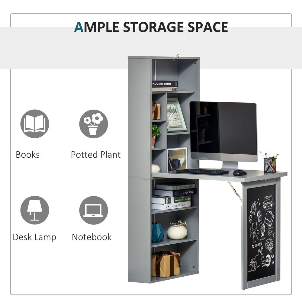 Fold-out Convertible Writing Desk Wall Mount Cabinet with Blackboard and Side Shelf Multi-Function Home Office Workstation, Grey 98 x 51 cm