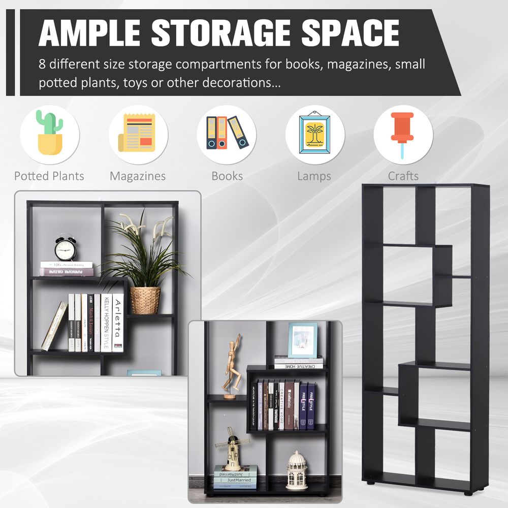 178cm 8-Shelf Bookcase Melamine Black Foot Pads - Multipurpose 8-Grid