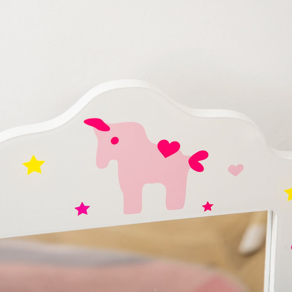 Kids Vanity Table & Stool Girls Dressing Set Make Up Desk Chair Dresser Play Set with Rotatable Mirrors Drawer Star & Heart Pattern White E