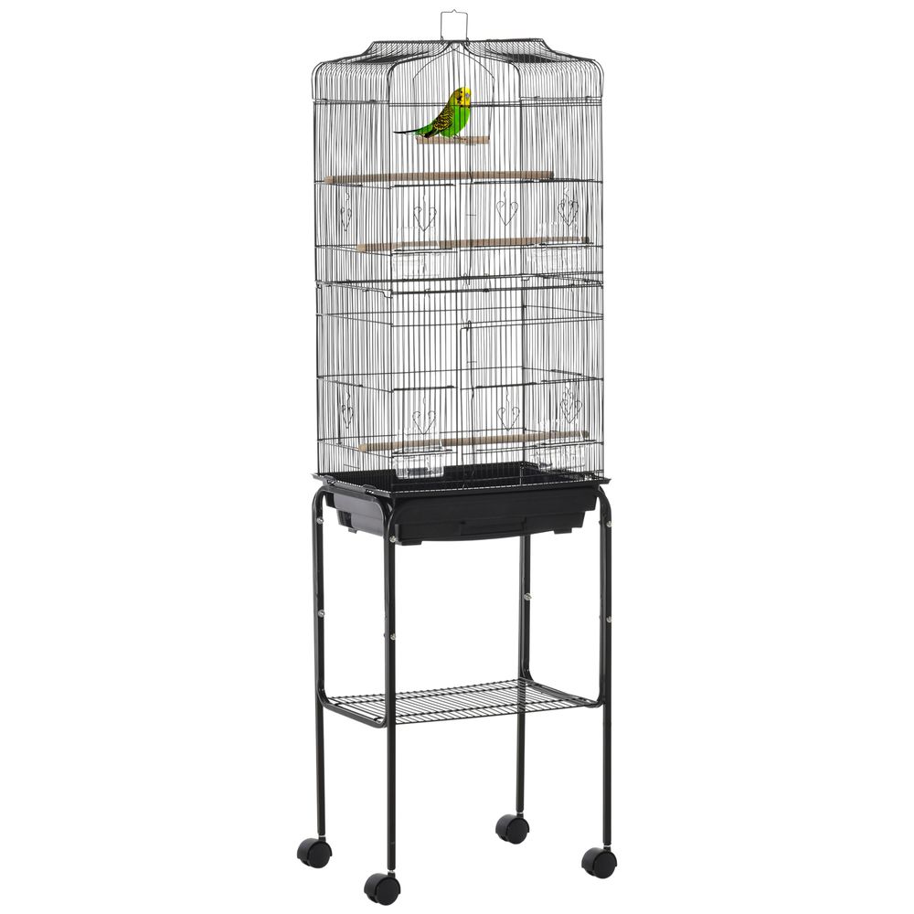 Bird Cage Budgie Cages for Finch Canary Parakeet with Stand Wheels Slide-out Tray Accessories Storage Shelf, Black 46.5 x 36 x 157 cm