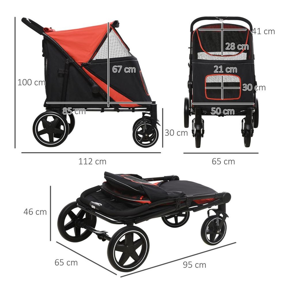 Foldable Dog Carriage w/ Universal Wheels, Shock Absorber - Red