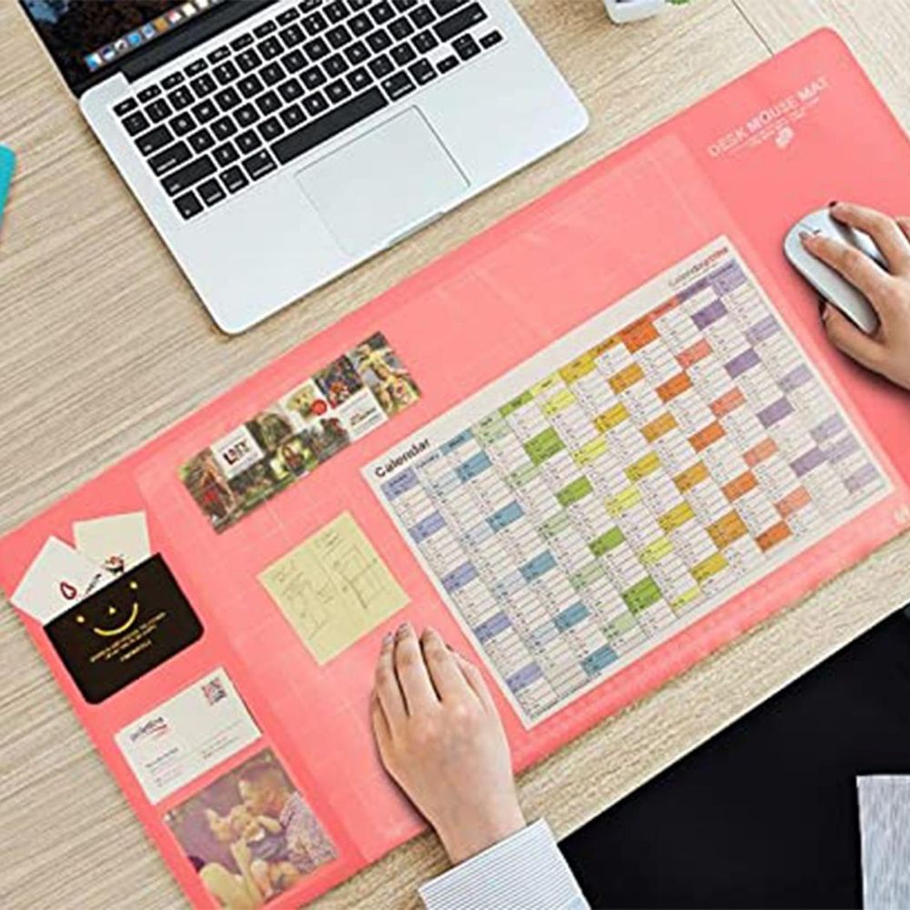 Multifunctional Pink Office Desk Mouse Mat: Eco-friendly, PVC+DS Material - Calendar, Phone Holder & More