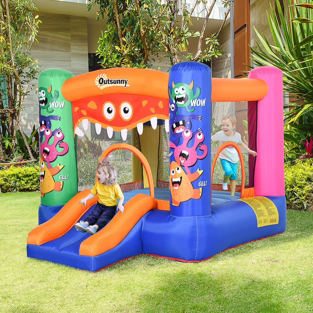 3-in-1 Kids Bouncy Castle with Slide Trampoline Basket, Inflatable Bounce House with Blower for Kids Age 3-8 Monster Design 2.5 x 1.8 x 1.75m