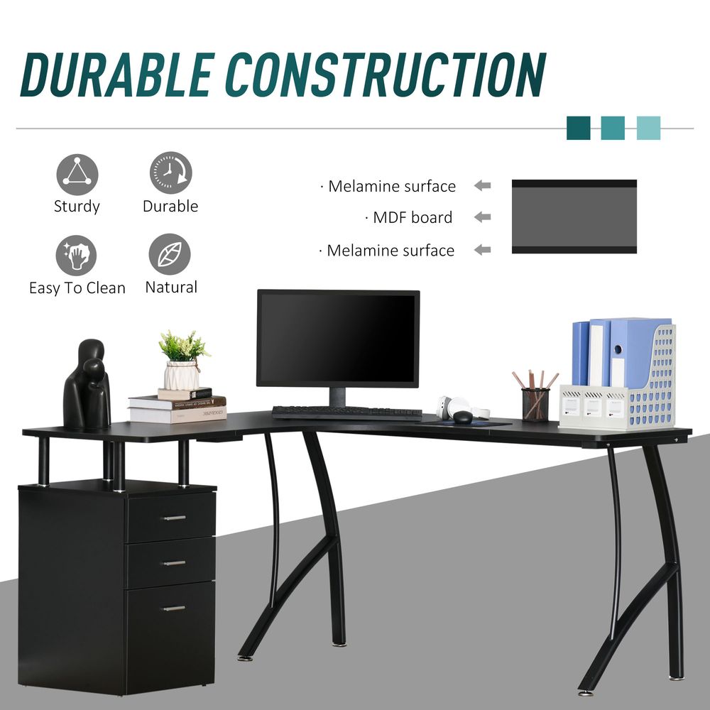 L-Shaped Computer Desk Table with Storage Drawer Home Office Corner Industrial Style Workstation for A4 Files 143.5 x 143.5 x 76cm, Black