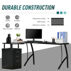 L-Shaped Computer Desk Table with Storage Drawer Home Office Corner Industrial Style Workstation for A4 Files 143.5 x 143.5 x 76cm, Black