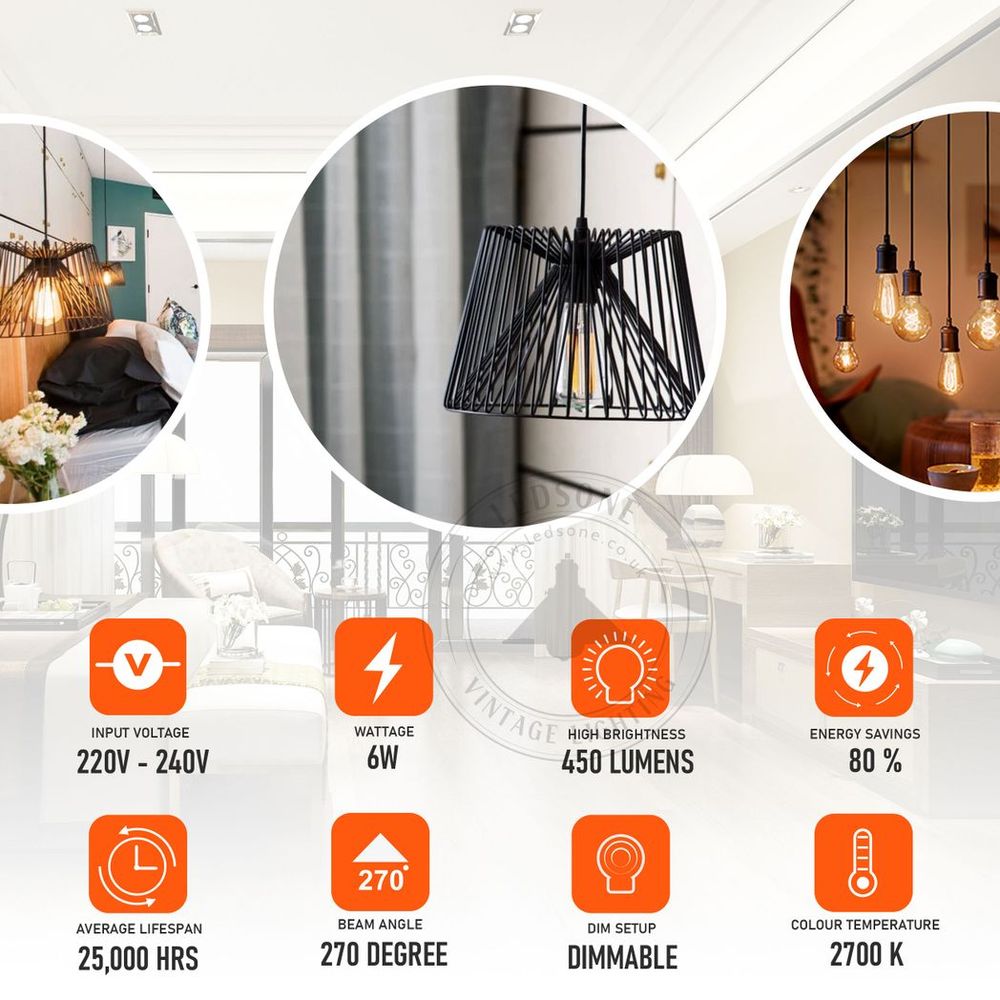 6 Pack E27 LED Edison Dimmable Vintage Amber Glass Warm white 2700K Light Bulb - 6W