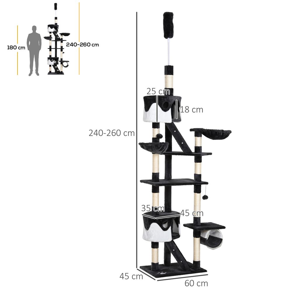 Floor to Ceiling Cat Tree, 240-260cm Adjustable Height Cat Tower with Scratching Posts, Cat Houses, Ramps, Hammocks, Toy Balls, Tunnel for Indoor Cats - Black