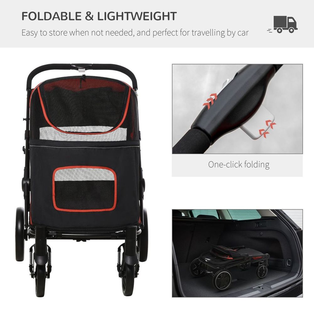 Foldable Dog Carriage w/ Universal Wheels, Shock Absorber - Red