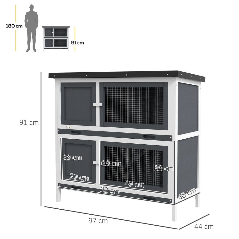 Double Decker Rabbit Hutch Bunny Cage, Grey - Outdoor Pet House with Tray, Easy Access, Durable Design