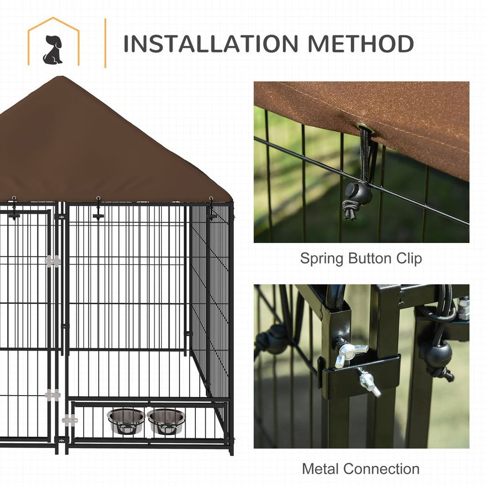 Outdoor Dog House Kennel: Canopy Top, Secure Lock, and Rotating Bowl Holder