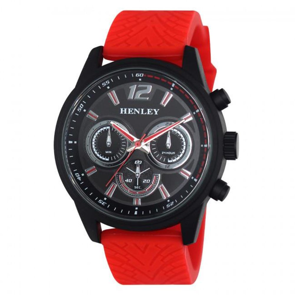 Black Silicone Strap Sports Watch for Men. Henley with Red Dial, Multi Eye Design.. Gift Box