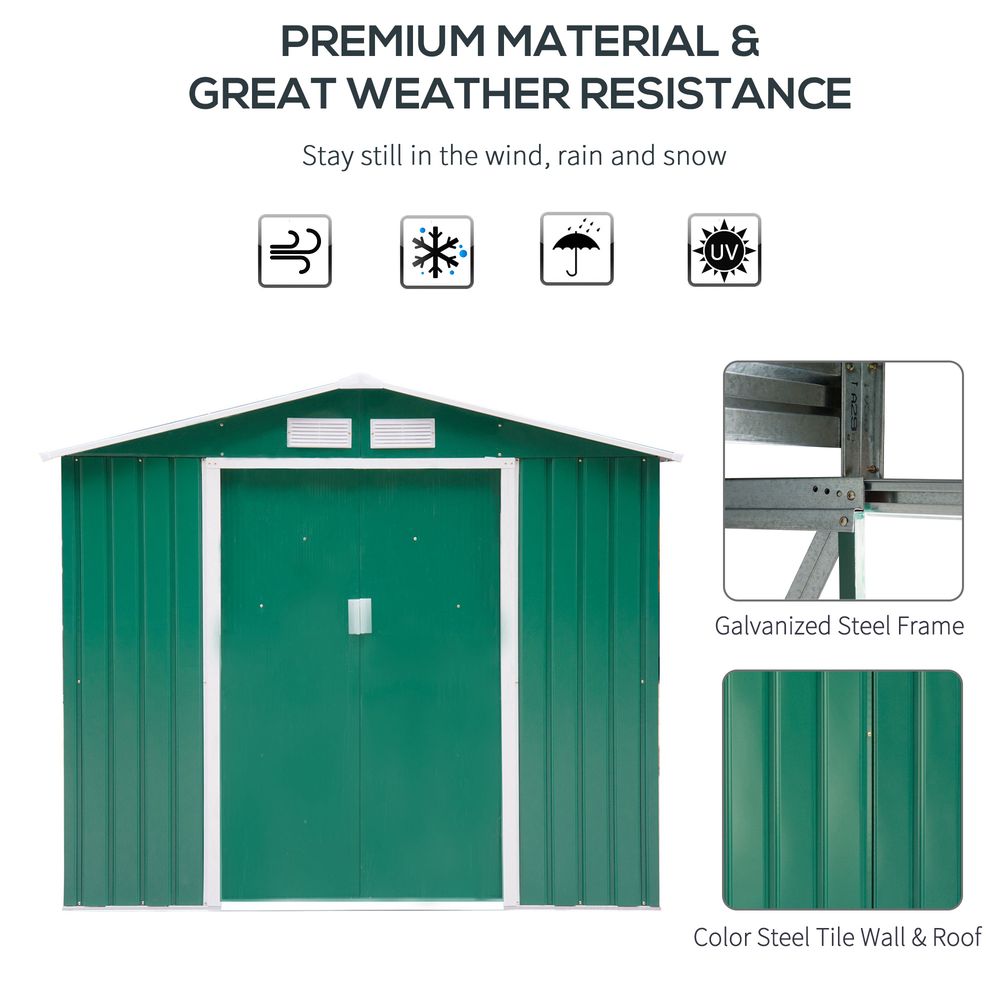 7 x 4ft Metal Garden Shed, Outdoor Storage Tool House with Ventilation Slots, Foundation Kit and Lockable Double Doors, Green