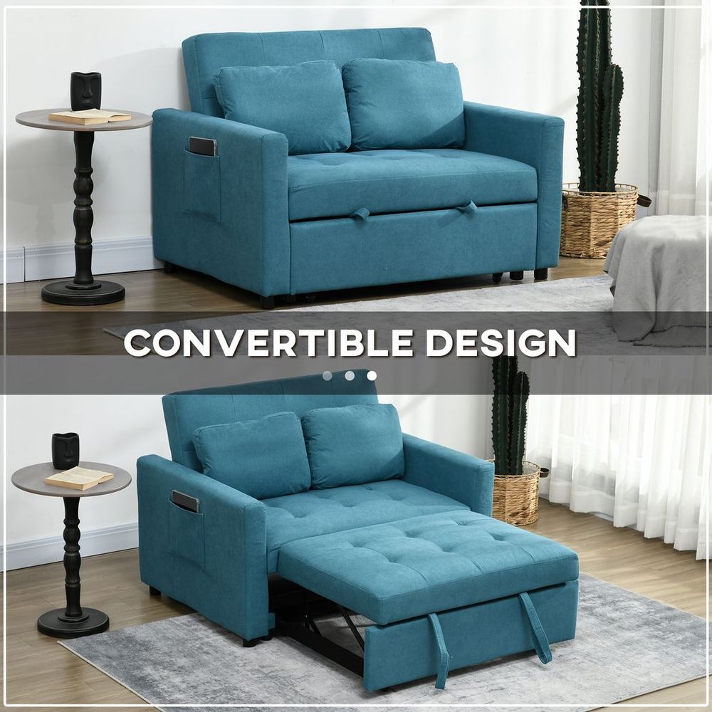 2 Seater Sofa Bed Settee - Blue, Convertible, Cushions, Pockets