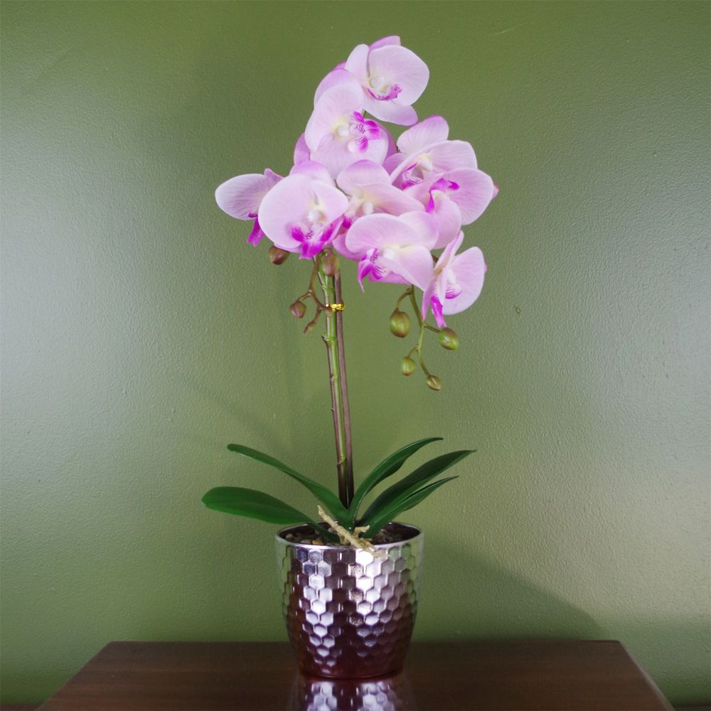 50cm Phalaenopsis Orchid Artificial - Light Pink Silver. Real touch leaves. Plastic decorative pot with fixed gravel topping