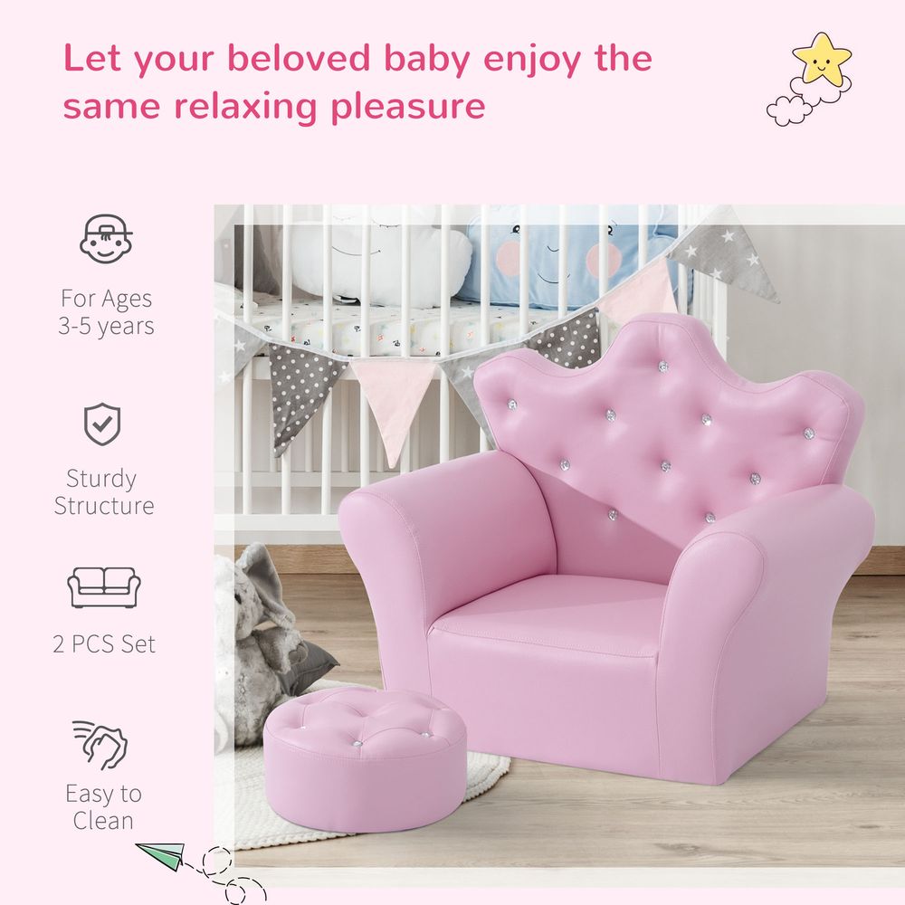 Pink Kids Sofa Set - Free Footstool Included - PU Leather