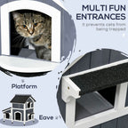 Wooden Cat House Outdoor w/ Flower Pot, Window, Multiple Entrances