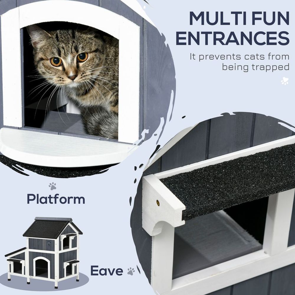Wooden Cat House Outdoor w/ Flower Pot, Window, Multiple Entrances