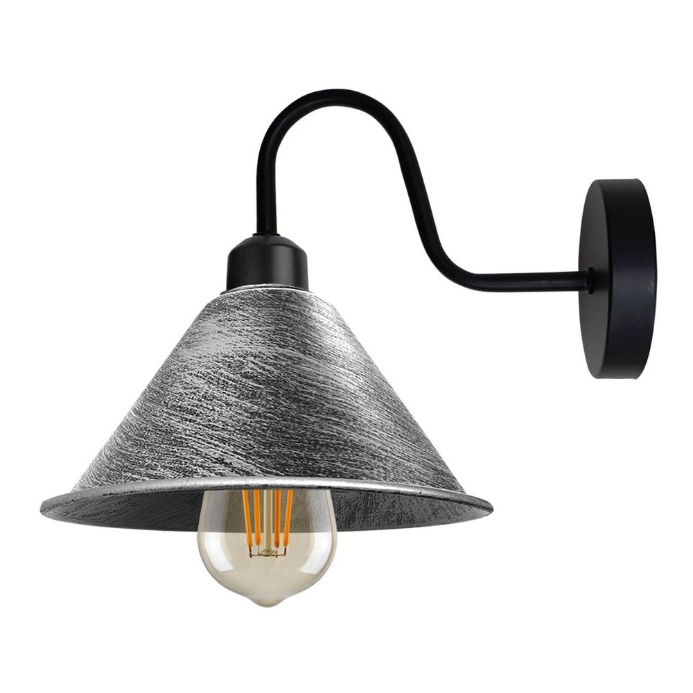 Vintage Silver Wall Sconce - Cone Shape Shade, Swan Neck Arm, Dimmable, E27 Base - for Indoor Lighting