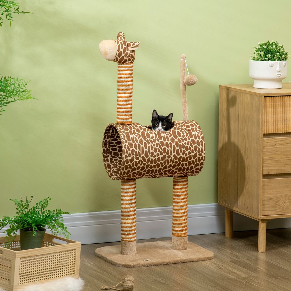 Cat Tree for Indoor Cats Cute Giraffe Kitten Play Tower w/Scratching Posts, Tunnel, Toy Ball, 48.5 x 34.5 x 101cm - Beige