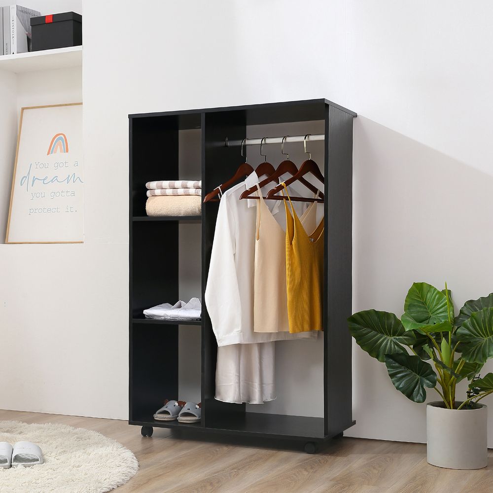 Space-Saving Rolling Open Wardrobe w/ Hanging Rail & Storage Shelves, Black