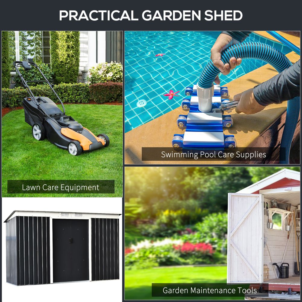 9ft x 4ft Metal Garden Shed, Outdoor Tool House with Foundation Kit, Ventilations and Double Doors, Dark Grey