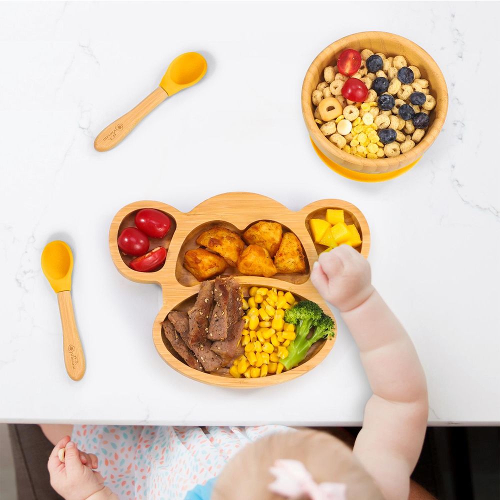 Bamboo Monkey Plate Set - 4-Sectioned Plate, Bowl, & Spoon - Non-slip Base - Food-Grade Silicone - Easy to Clean Yellow
