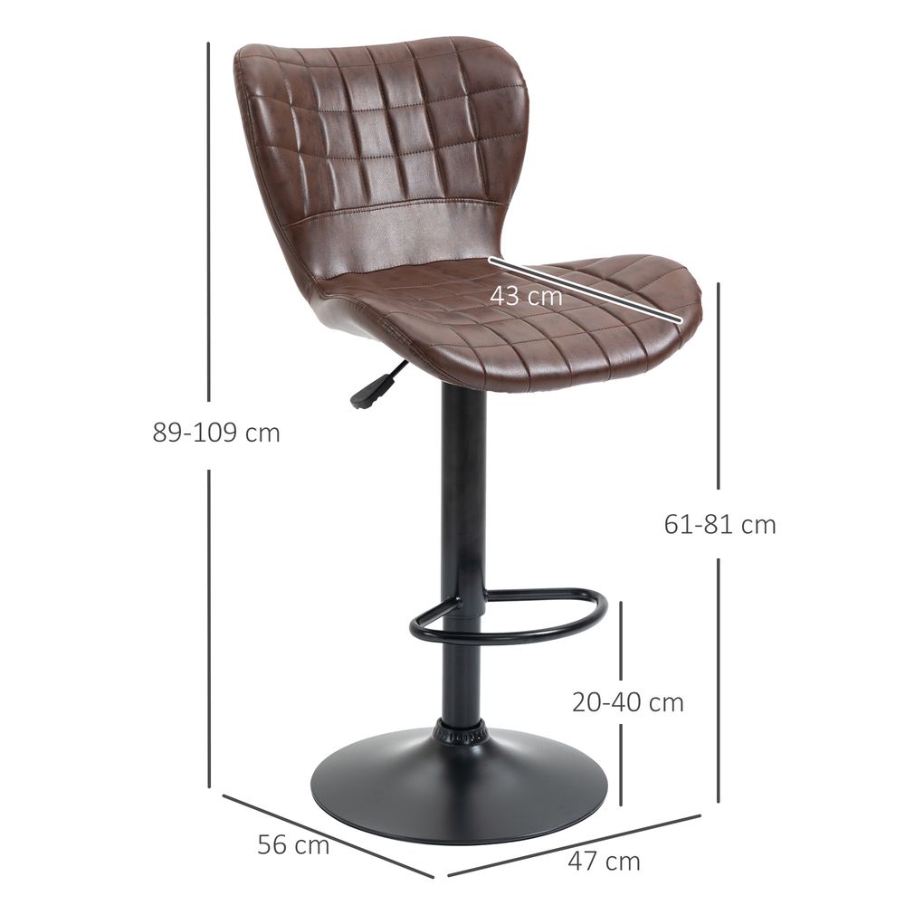 2 Brown PU Leather Swivel Bar Chairs - Adjustable Height, Backrest