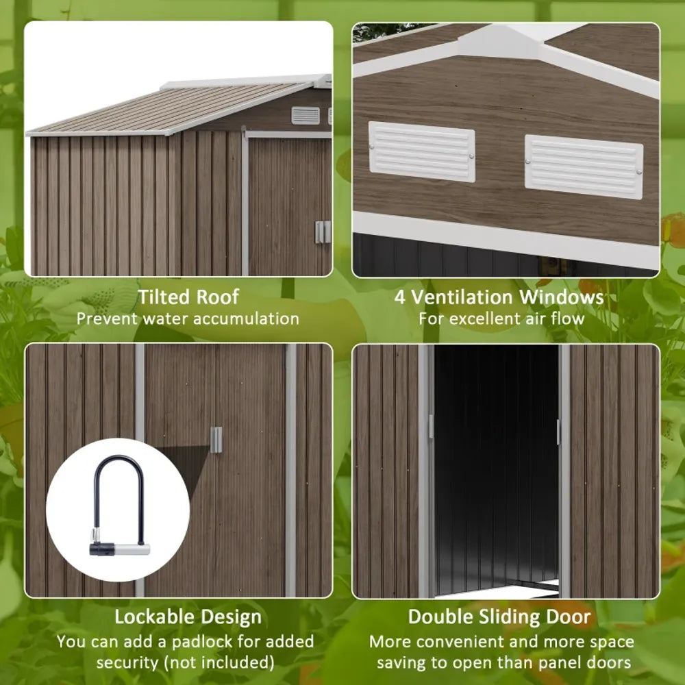 Garden Shed Storage Unit with Locking Door Floor Foundation Vent Brown