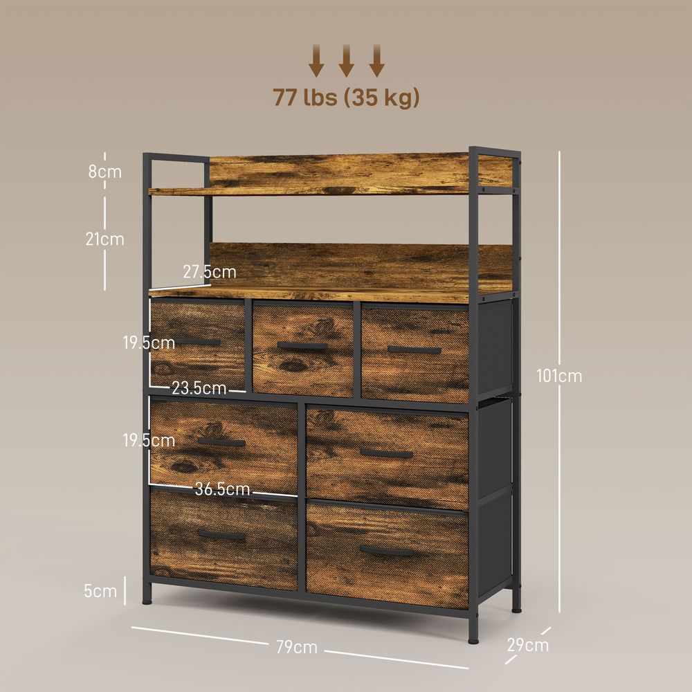 Bedroom Chest of Drawers 7 Drawer Dresser w/ Shelves, Rustic Brown
