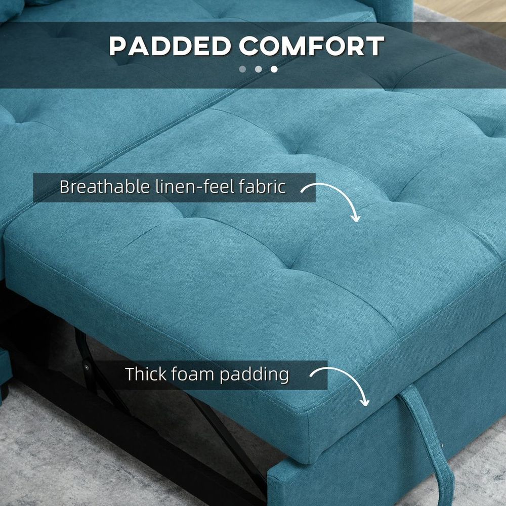 2 Seater Sofa Bed Settee - Blue, Convertible, Cushions, Pockets