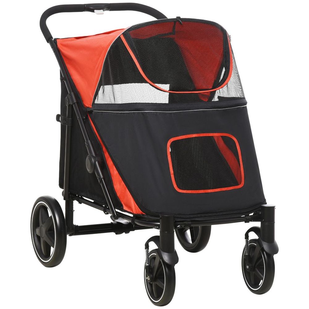 Foldable Dog Carriage w/ Universal Wheels, Shock Absorber - Red