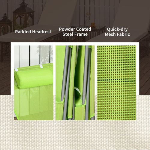 2 Piece Folding Sun Loungers with Adjustable Backrest, Pillow, Green