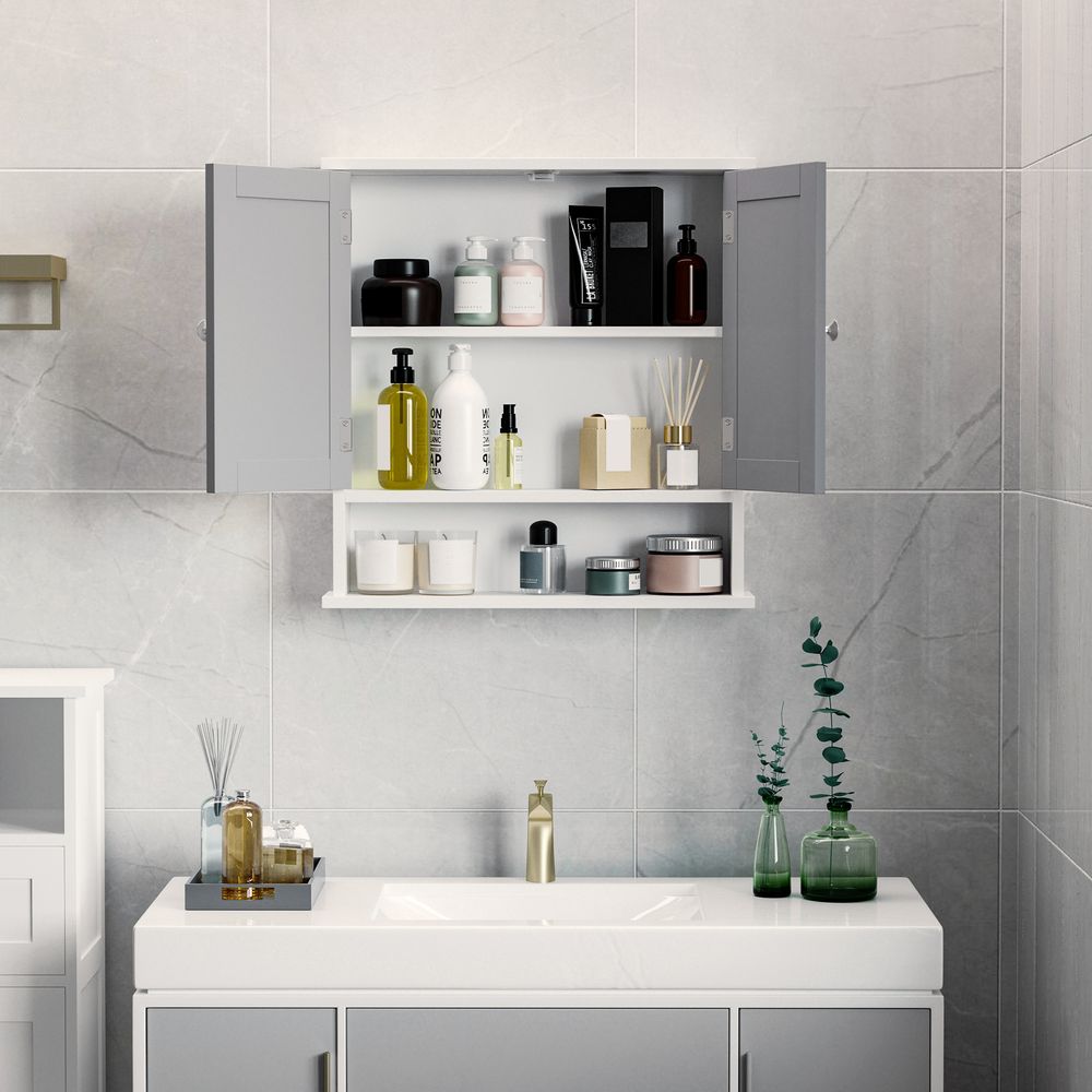Stylish Grey Wall-Mounted Mirror Cabinet with Double Mirrored Doors - Space-Saving
