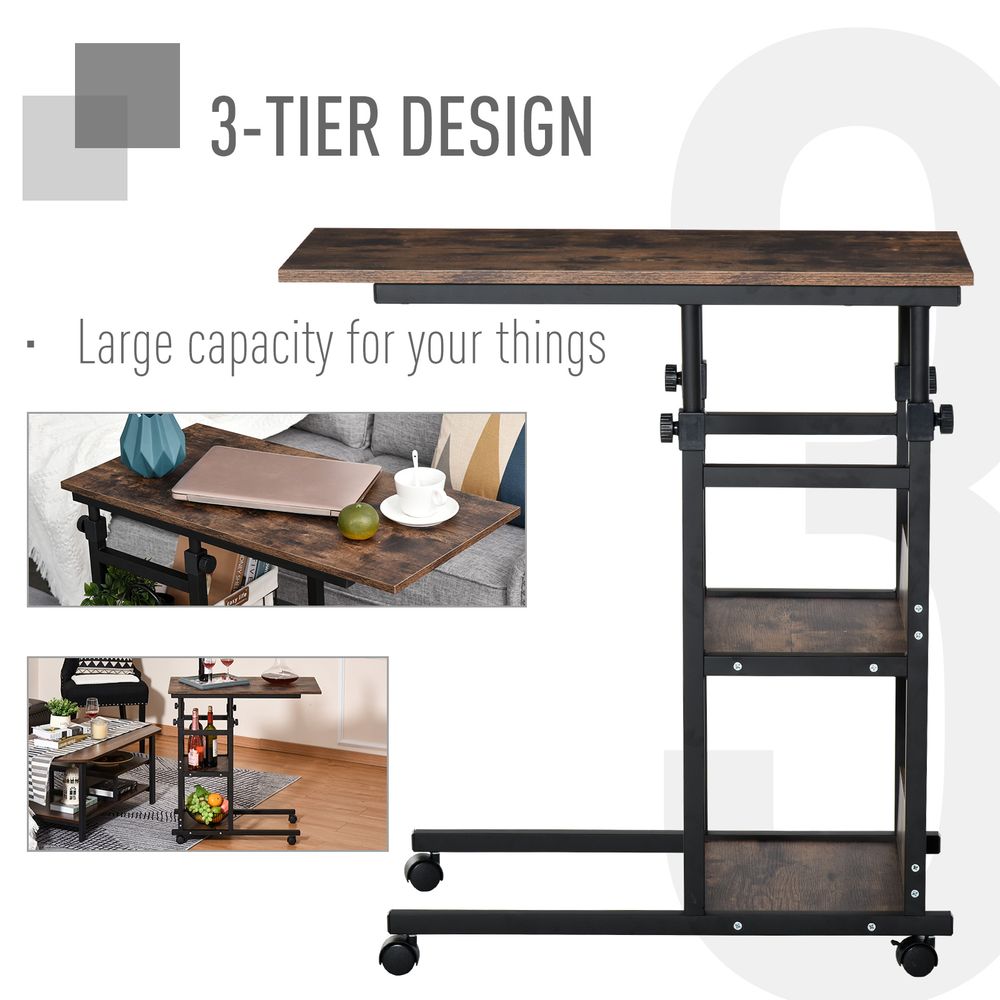 Industrial Mobile Sofa Side Table C-Shaped Rolling Couch Table with 3-Tier Storage Shelving Four Lockable Wheels Steel Frame - Brown