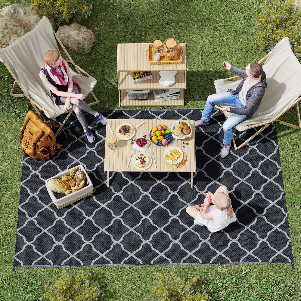 182x274cm Reversible Waterproof Outdoor Rug w/ Carry Bag - Ideal for Camping, Picnics, Festivals - Durable & Water-Resistant - Black