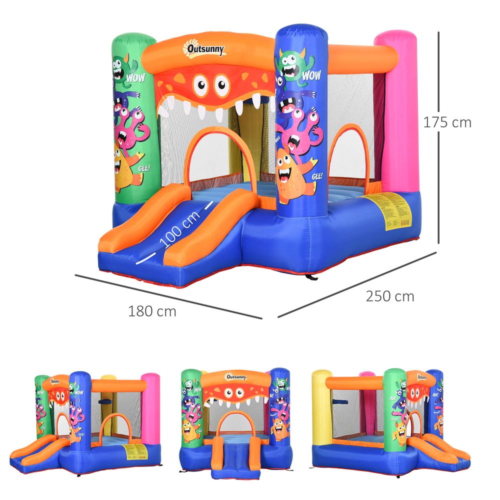 3-in-1 Kids Bouncy Castle with Slide Trampoline Basket, Inflatable Bounce House with Blower for Kids Age 3-8 Monster Design 2.5 x 1.8 x 1.75m
