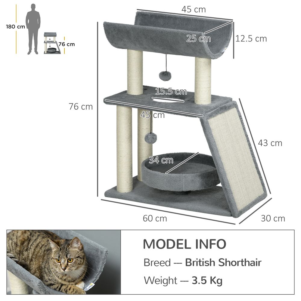 Indoor Cat Tree Tower: Scratching Posts, Pad, Light Grey, Toy Ball - Easy Assembly