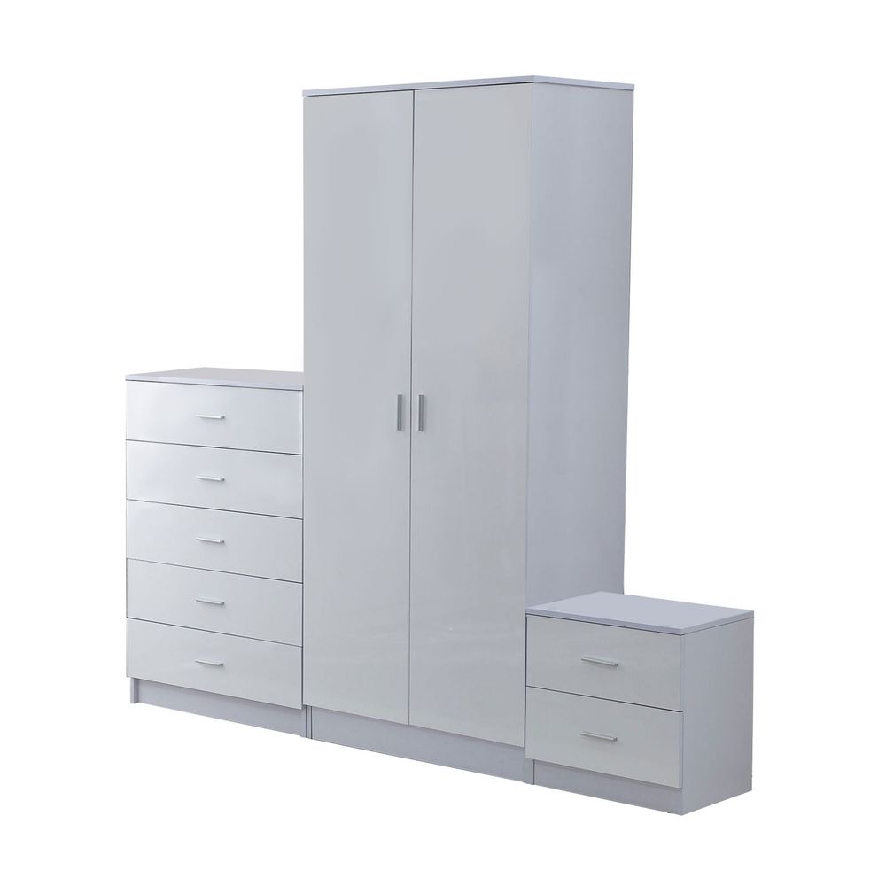 Tall White High Gloss Wardrobes 3Pc Chest Nightstand 7 Drawer - Elegance