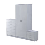 Tall White High Gloss Wardrobes 3Pc Chest Nightstand 7 Drawer - Elegance