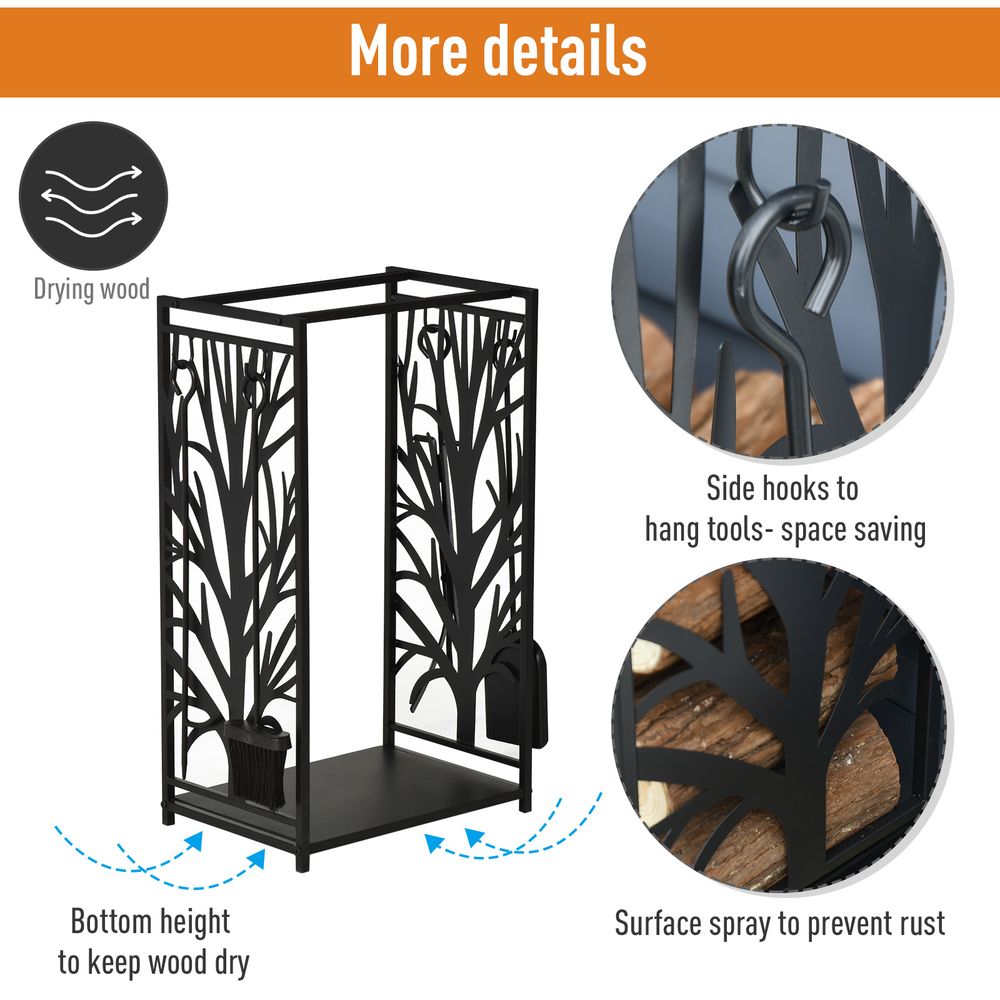 Firewood Log Rack with Four Fireplace Tools