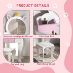 Kids Dressing Table with Mirror and Stool, Drawer, Storage Boxes - White