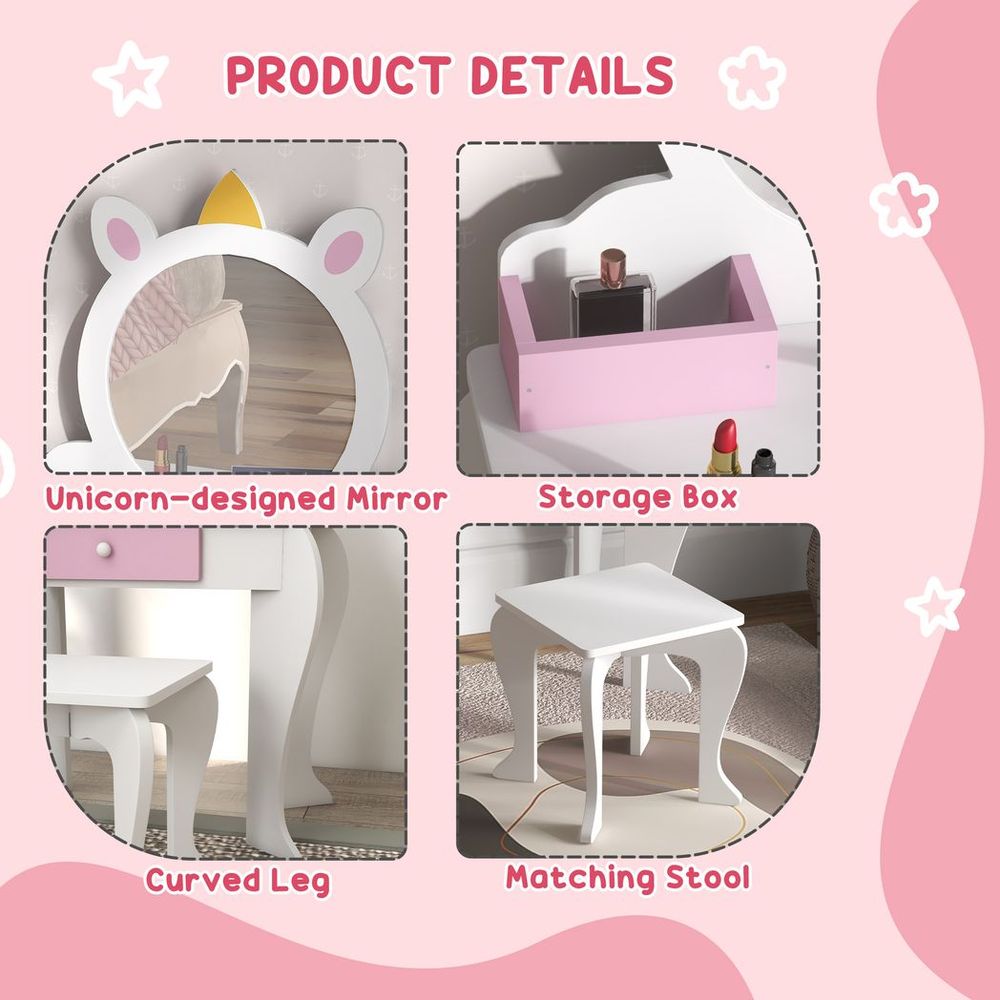 Kids Dressing Table with Mirror and Stool, Drawer, Storage Boxes - White