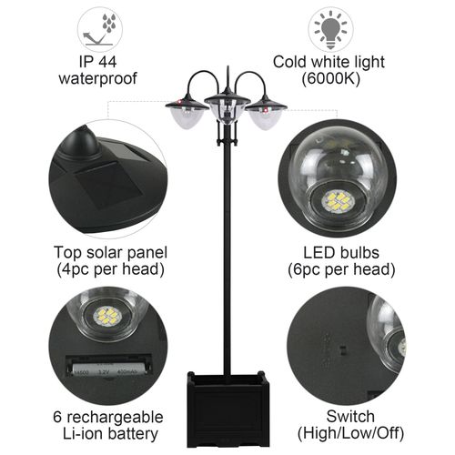 3-head LED Solar Light Lamp Street Light Post with Planter Base, Black