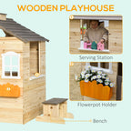 Spacious Wooden Kids Playhouse w/ Door, Windows, Bench - Ages 3-7