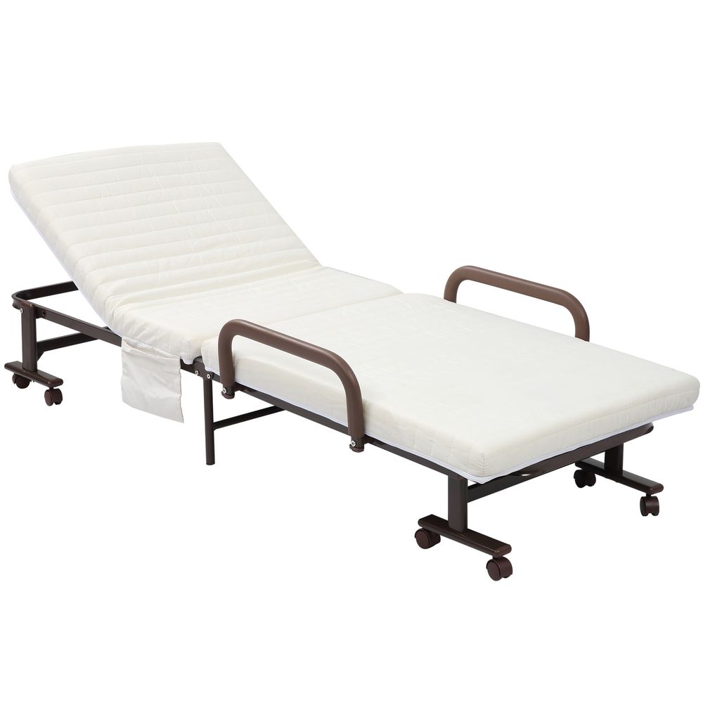 Folding Bed with Mattress, Single Guest Bed, Portable Fold Bed with Adjustable Backrest, Metal Frame on Wheels, White, 190 x 76 cm