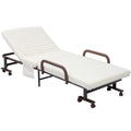 Folding Bed with Mattress, Single Guest Bed, Portable Fold Bed with Adjustable Backrest, Metal Frame on Wheels, White, 190 x 76 cm